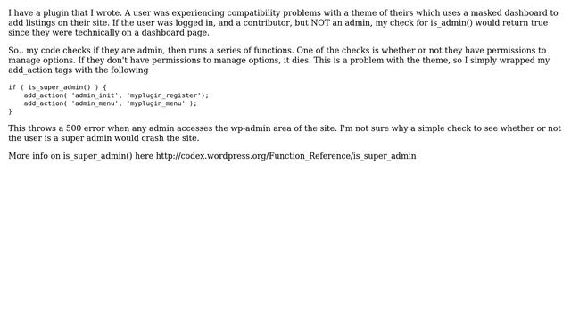 Wordpress: Why would running an admin check throw a 500 error? I'm calling is_super_admin();? смотреть онлайн