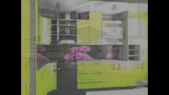 Дизайн кухни с ярко-зелеными фасадами и темной кафельной плиткой смотреть онлайн