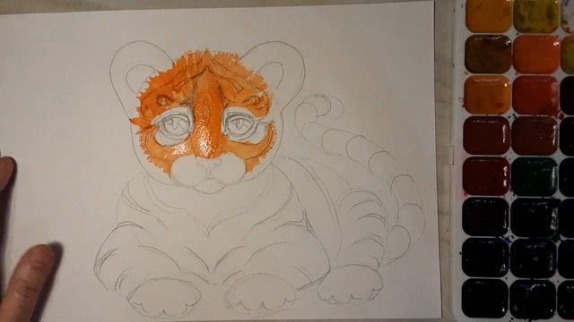 Как нарисовать тигрёнка - символ года. Тигрёнок акварелью. How to draw a tiger cub. смотреть онлайн