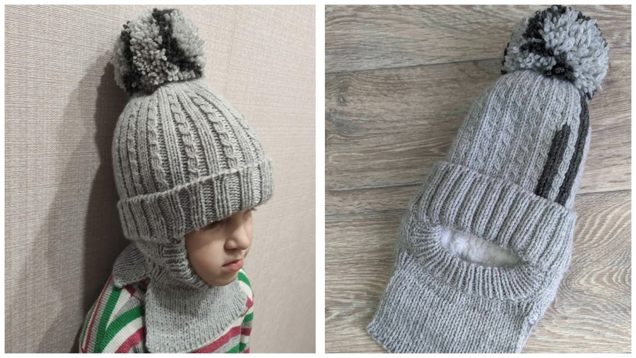 Двойная детская шапка-шлем спицами смотреть онлайн