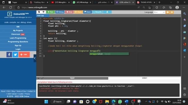 menghitung keliling lingkaran menggunakan fungsi | gdb online bahasa C смотреть онлайн