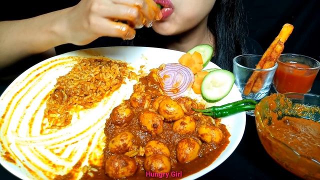 ASMR:MASSIVE EATING 22 PIECE SPICY QUAIL EGG CURRY,ALU VAJI,FRENCH FRIES,RICE,CHILLI|HUNGRY GIRL смотреть онлайн