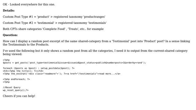 Display a random customposttype2 excerpt in single-custompostype1.php that shares same taxonomy смотреть онлайн