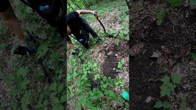 Проверяем сигнал металлоискателя, в лесу в поисках клада