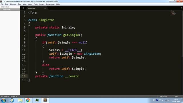 Паттерн Синглтон на PHP (англ. Singleton). Простой пример. смотреть онлайн