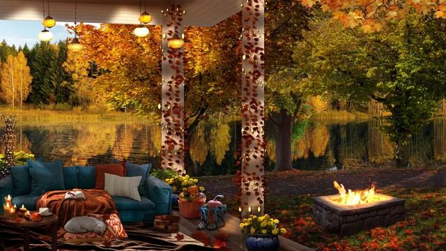 Fall Ambience | Cozy Lakeside Porch and Forest Ambience | Relaxing Campfire & Crunching Leaves смотреть онлайн