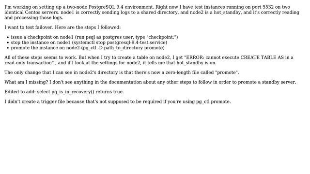 Databases: pg_ctl promote is not working смотреть онлайн