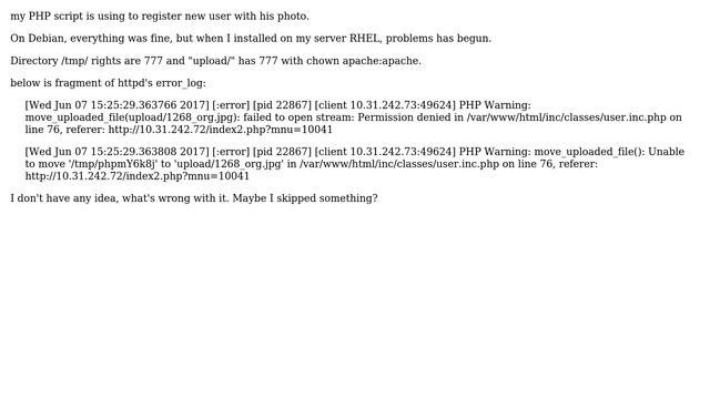 Unix & Linux: PHP move_uploaded_file permission denied only on RHEL (2 Solutions!!) смотреть онлайн