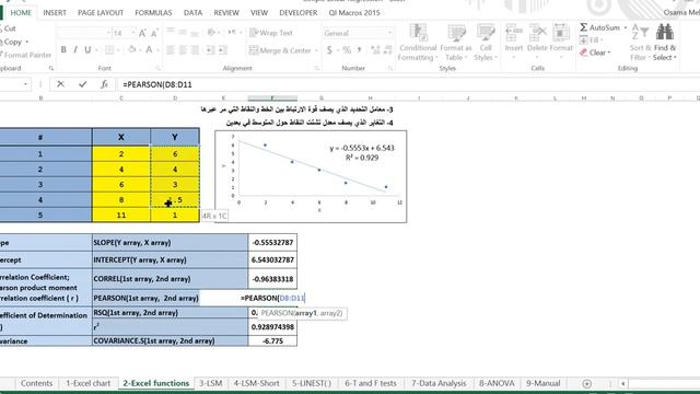 Finding the equation of the line, R, R^2 & covariance using Excel functions ايجاد معادلة الخط смотреть онлайн