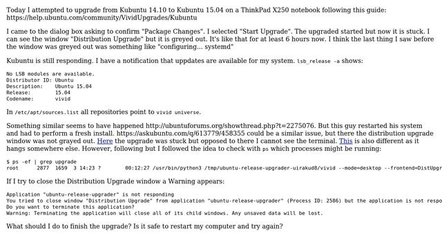 Ubuntu: Upgrade from Kubuntu 14.10 to 15.04 hangs with grayed out Distribution Upgrade window смотреть онлайн