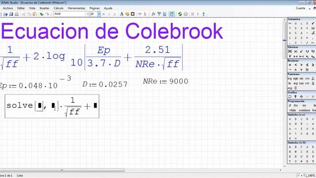Ecuacion de Coolebrook Resuelta en SMath Studio смотреть онлайн