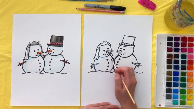 How to Draw and Paint Just Married Snowmen using Watercolors for Kids or Beginners! смотреть онлайн
