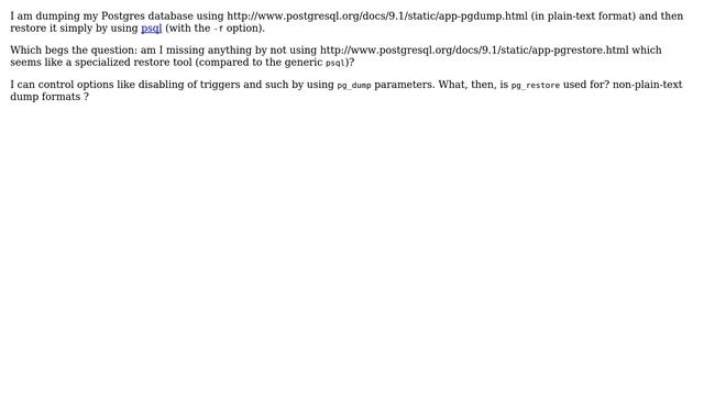 restoring Postgres database: pg_restore -vs- just using psql смотреть онлайн