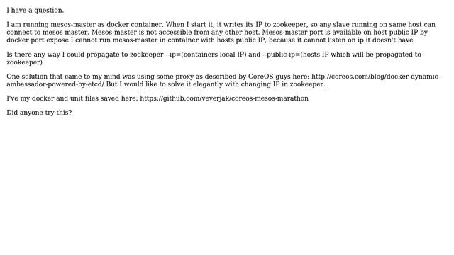 Running mesos-master in docker container - cannot see containers IP from other hosts смотреть онлайн