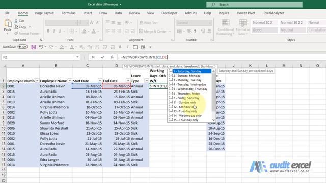 Working days between Excel dates including countries with Friday Saturday as weekends смотреть онлайн