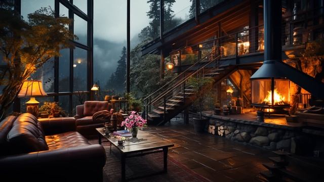 Relaxing Jazz Instrumental Music In Cozy Cabin Porch Ambience With Relaxing Rain Sounds For Sleepin