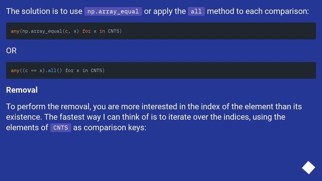 Test if a numpy array is a member of a list of numpy arrays, and remove it from the list смотреть онлайн