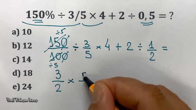 150% ÷ 3/5 x 4 + 2 ÷ 0,5 = ❓ Como você resolveria essa expressão numérica❓ Prof Robson Liers смотреть онлайн
