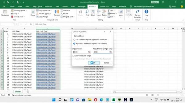 Extract Text to URL link using Kutools in Excel Plugins