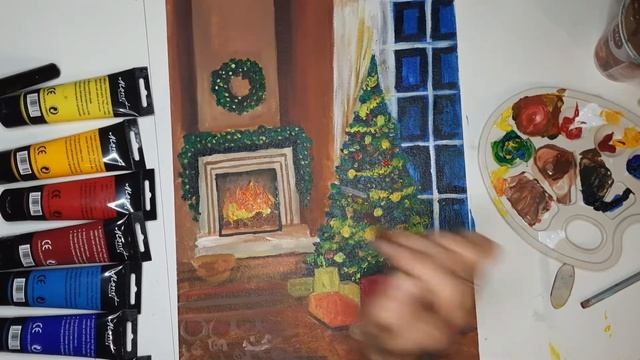 Новогодняя картина, рисуем камин, ёлку, подарки .Простая картина смотреть онлайн