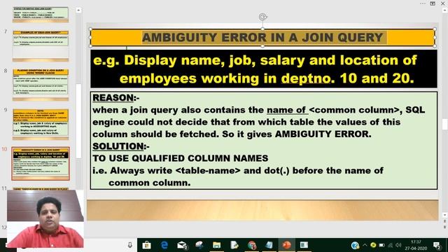 CLASS XII CS & IP PYTHON TUTORIAL- 4 JOIN QUERY IN SQL by Mohit Tandon Sir смотреть онлайн