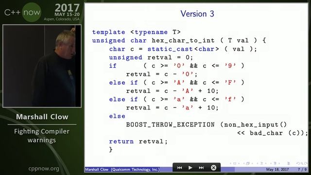 C++Now 2017: Marshall Clow “Fighting Compiler warnings" смотреть онлайн