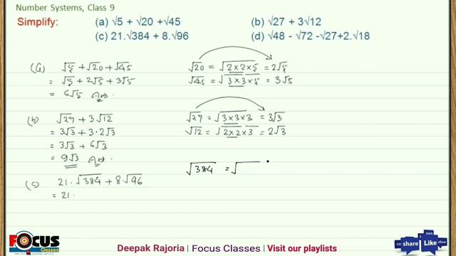 Number Systems Class 9 | Simplify : √5 + √20 + √45, √27 + 3. √12, 21.√384 + 8. √96, √48 - √72 - √27 смотреть онлайн