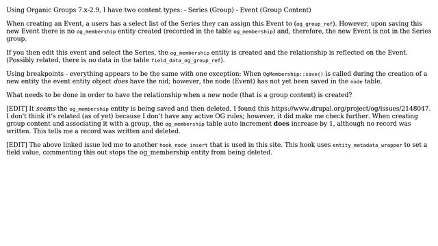 Drupal: Og Membership entity not created when assigning new node to Group; works when editing node смотреть онлайн