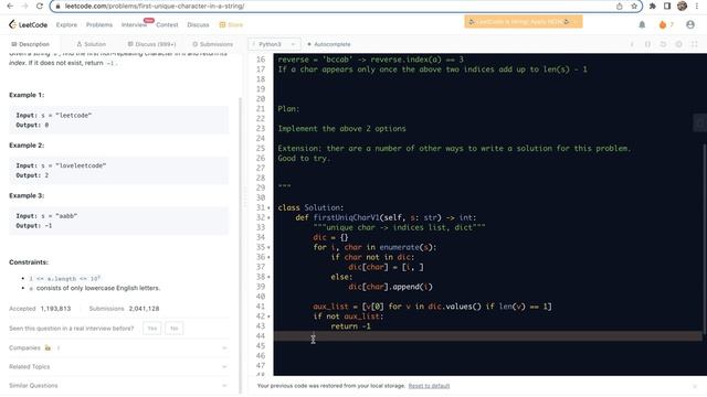 leetcode 387. First Unique Character in a String - basic practice of dict ADT, and index method смотреть онлайн