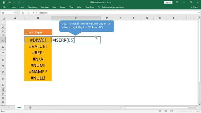 ISERR function to find out if selected value is any error value except #N/A. смотреть онлайн