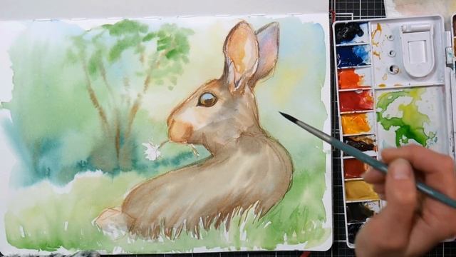 Sweet Bunny Having Some Clover Watercolor Full Real Time Tutorial смотреть онлайн