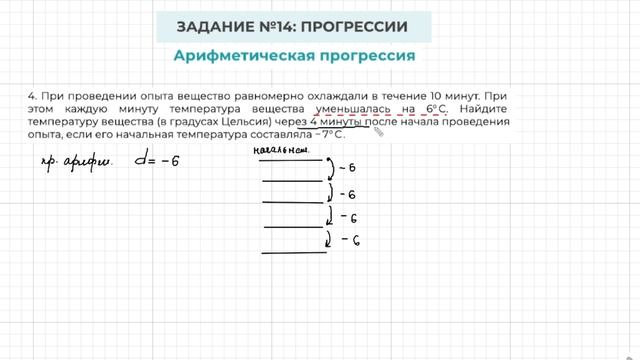 Задание 14 ОГЭ по математике. Арифметическая прогрессия. найти температуру вещества через 4 минуты. смотреть онлайн