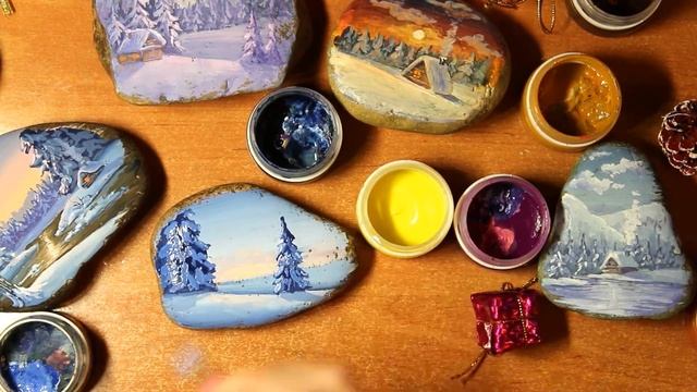 Рисуем на камне зимний пейзаж. Морозное утро.