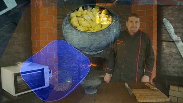 Картошка с мясом, салом и луком в чугунке из русской печи. смотреть онлайн