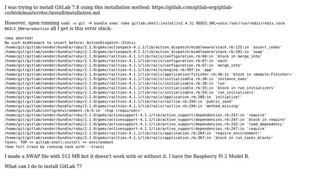 RaspberryPi 2 and GitLab: "No such middleware to insert before: ActionDispatch::Static"? смотреть онлайн