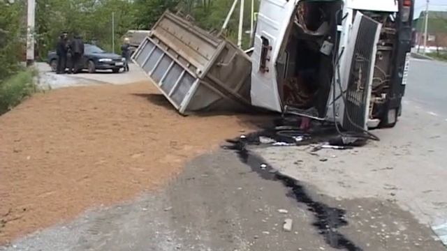 Под Надеждинском перевернулся грузовик с кормом для животных