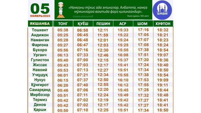 5-ноябрь | 5 МАХАЛ НАМОЗ ВАҚТЛАРИ БАРЧА ВИЛОЯТЛАР /5 MAHAL NAMOZ VAQTLARI BARCHA VILOYATLAR /SABR