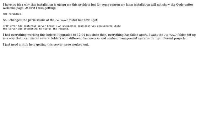 Ubuntu: Getting "HTTP Error 500 (Internal Server Error)" while installing Codeigniter смотреть онлайн