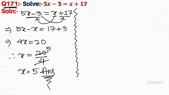 Q171 | Solve 5x-3=x+17 | 5x - 3 = x + 17 смотреть онлайн