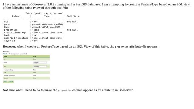 GIS: Geoserver not recognizing jsonb attribute in SQL view of PostGIS db смотреть онлайн