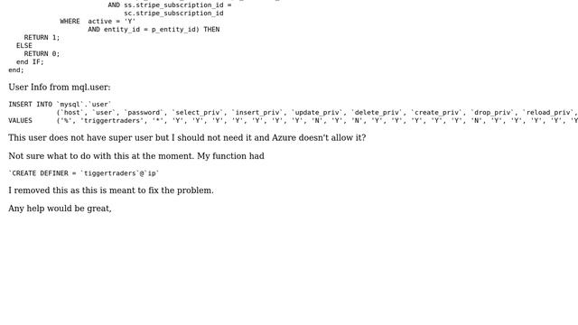 Databases: Unable to create Functions/Store Procedure Azure mySQL смотреть онлайн