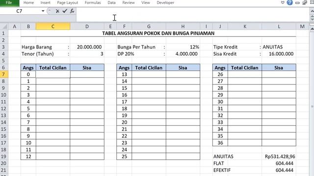 Cara Membuat Tabel Angsuran Kredit Bunga Anuitas, Flat Dan Efektif Di Excel