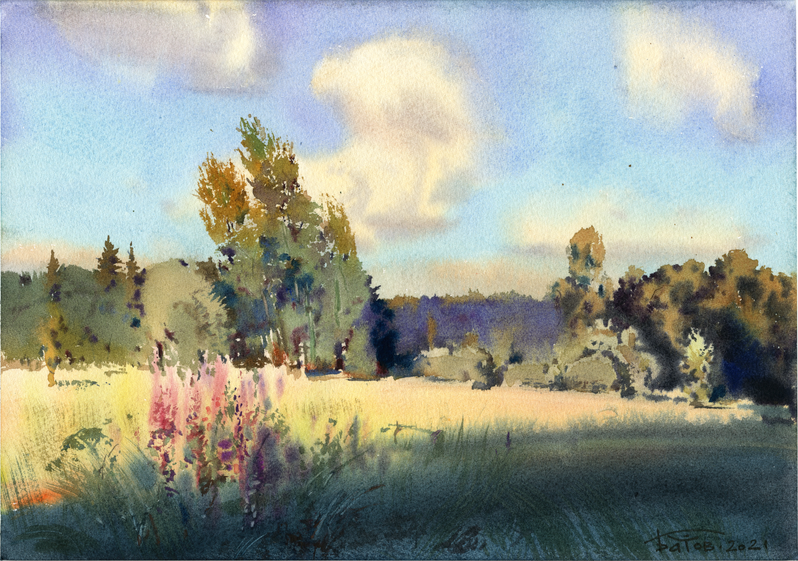 Луг. Пейзаж акварелью смотреть онлайн