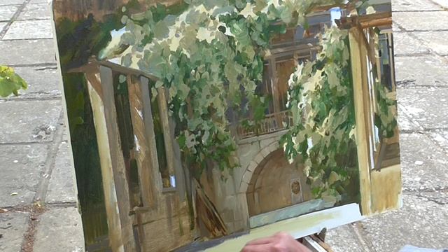Старый фонтан и розы. Пленэр в Гаспре. Художник Артём Пучков. смотреть онлайн