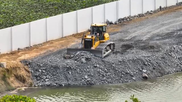 Pretty Amazing Develop Road By SHANTUI Bulldozer Moving & SHACMAN Truck Spreading Big Stone To Wate