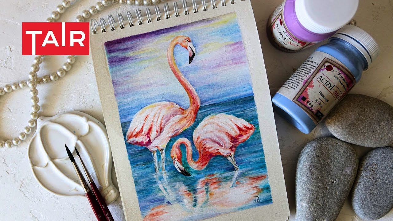 Розовый фламинго на фоне закатного неба. Рисуем нежные мотивы краской Акрил-Арт от ТАИР смотреть онлайн