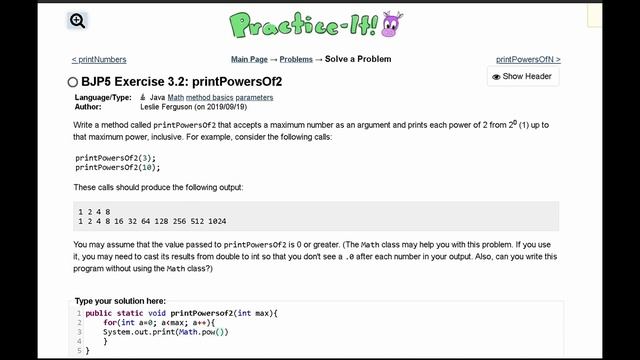 Java Practice It || 3.2 printPowersOf2 || method basics смотреть онлайн