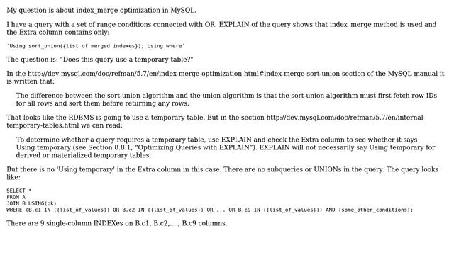 Databases: MySQL: does Index Merge Sort-Union access algorithm use temporary table? смотреть онлайн