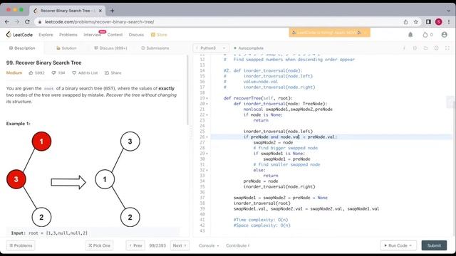 LeetCode 99: Recover Binary Search Tree (python recursion solution) смотреть онлайн