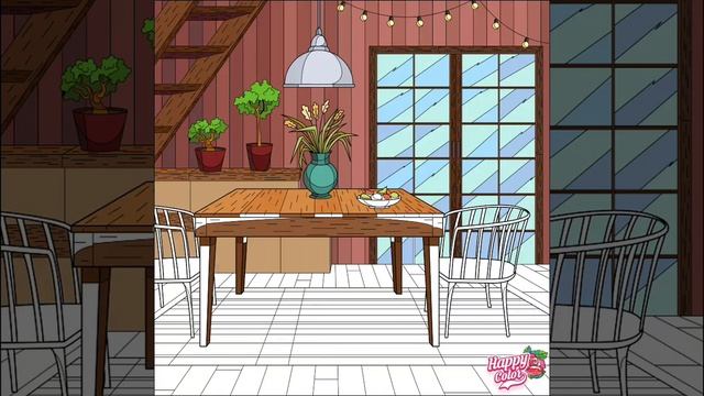 #Раскраска Happy Color. #Интерьер дома, дачи. Деревянный стол, цветы в вазе смотреть онлайн